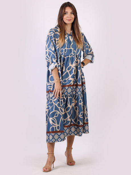 Ladies Collared Neck Printed Tiered Maxi Shirt Dress