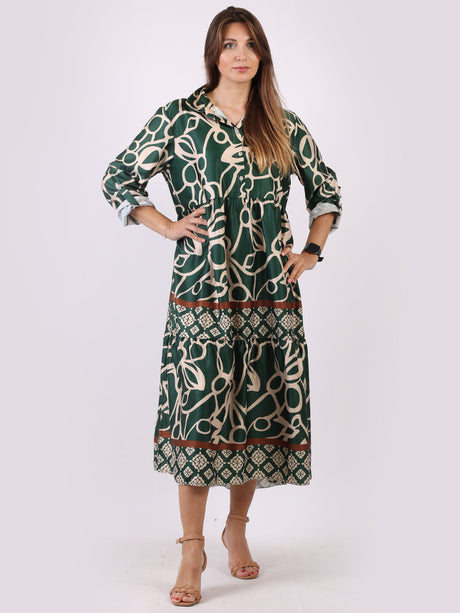 Ladies Collared Neck Printed Tiered Maxi Shirt Dress