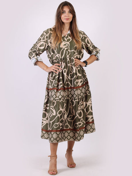 Ladies Collared Neck Printed Tiered Maxi Shirt Dress