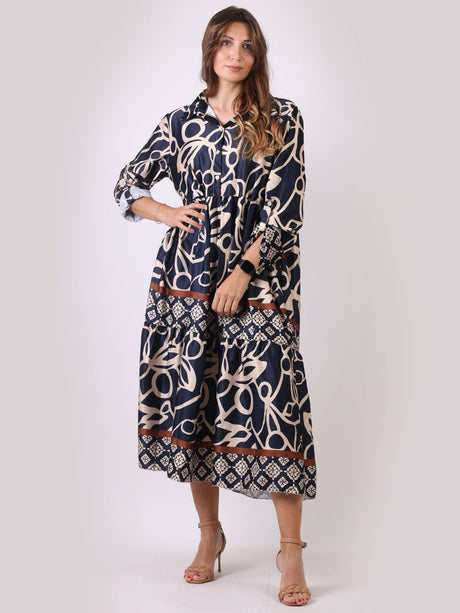 Abstract Print Tiered Maxi Shirt Dress