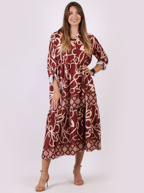 Ladies Collared Neck Printed Tiered Maxi Shirt Dress