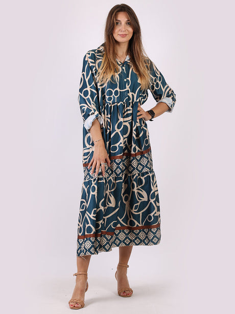 Ladies Collared Neck Printed Tiered Maxi Shirt Dress