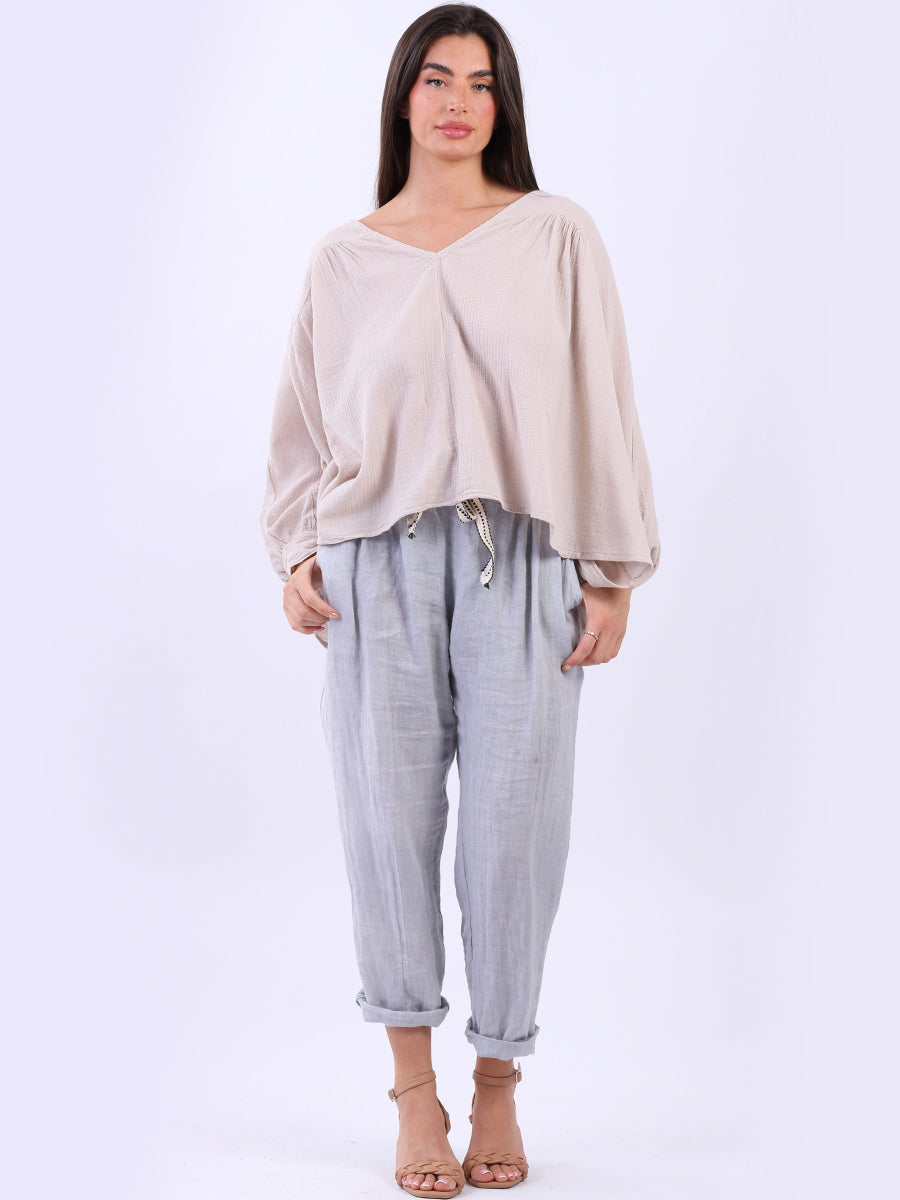 Batwing Cotton Crop Blouse Beige