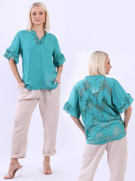 Ladies Crochet Linen Lagenlook Frilled Sleeves Top