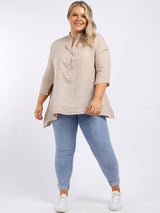 Plain Casual Button Neck Oversized Linen Top