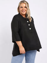 Plain Casual Button Neck Oversized Linen Top