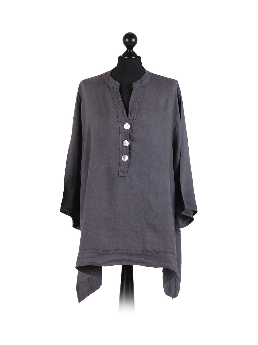 Plain Casual Button Neck Oversized Linen Top