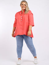 Plain Casual Button Neck Oversized Linen Top