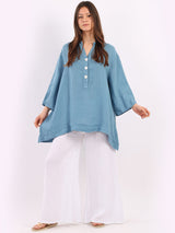 Plain Casual Button Neck Oversized Linen Top