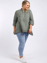 Plain Casual Button Neck Oversized Linen Top