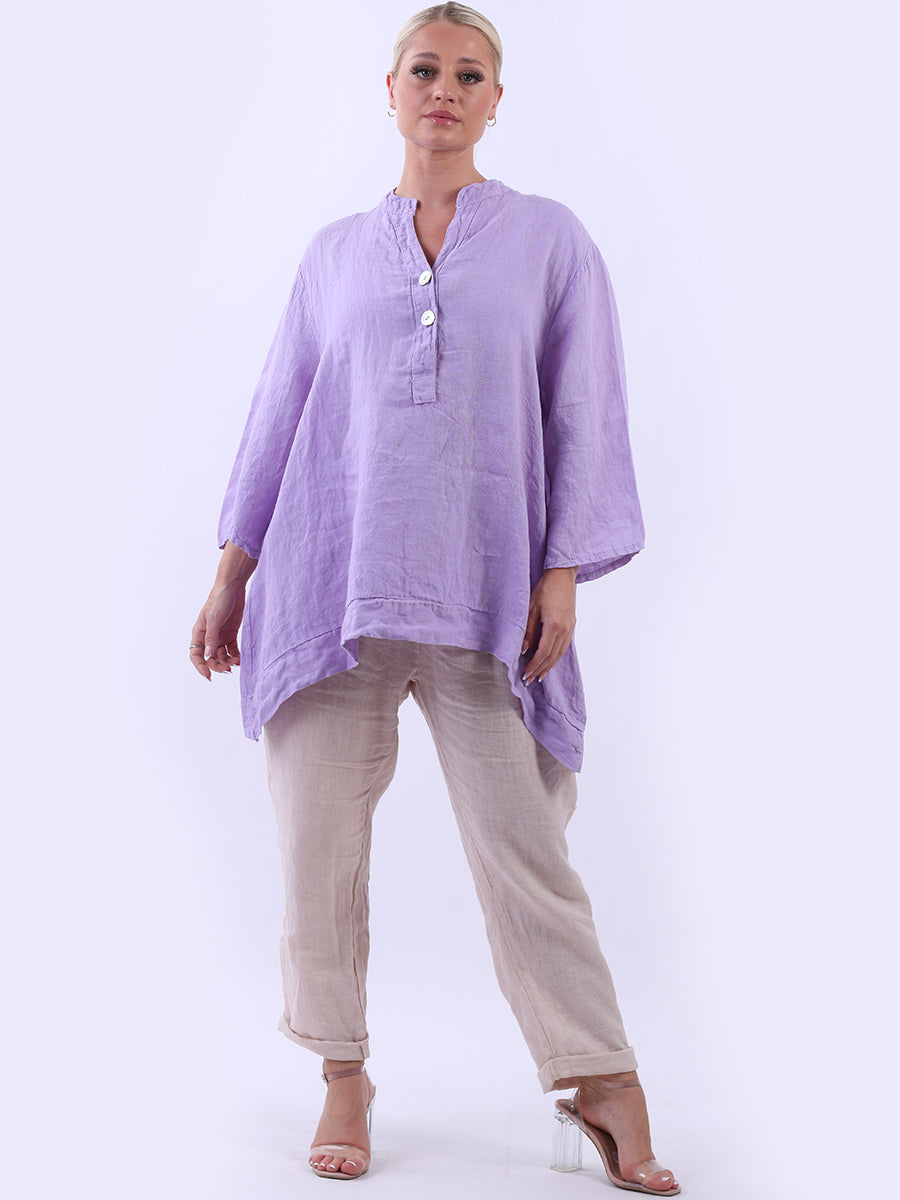 Plain Casual Button Neck Oversized Linen Top