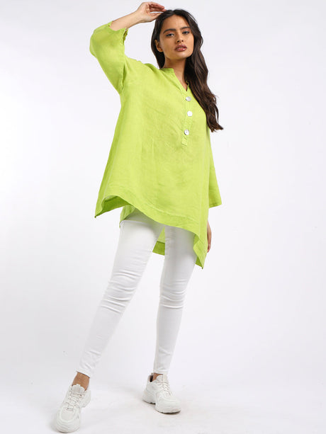 Plain Casual Button Neck Oversized Linen Top