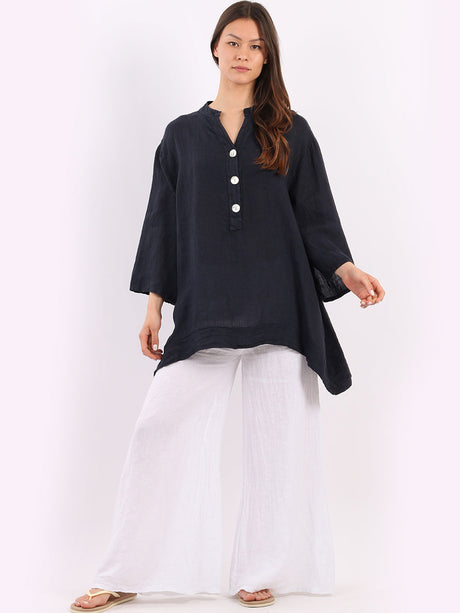 Plain Casual Button Neck Oversized Linen Top