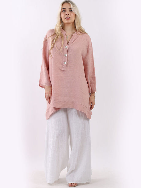 Plain Casual Button Neck Oversized Linen Top