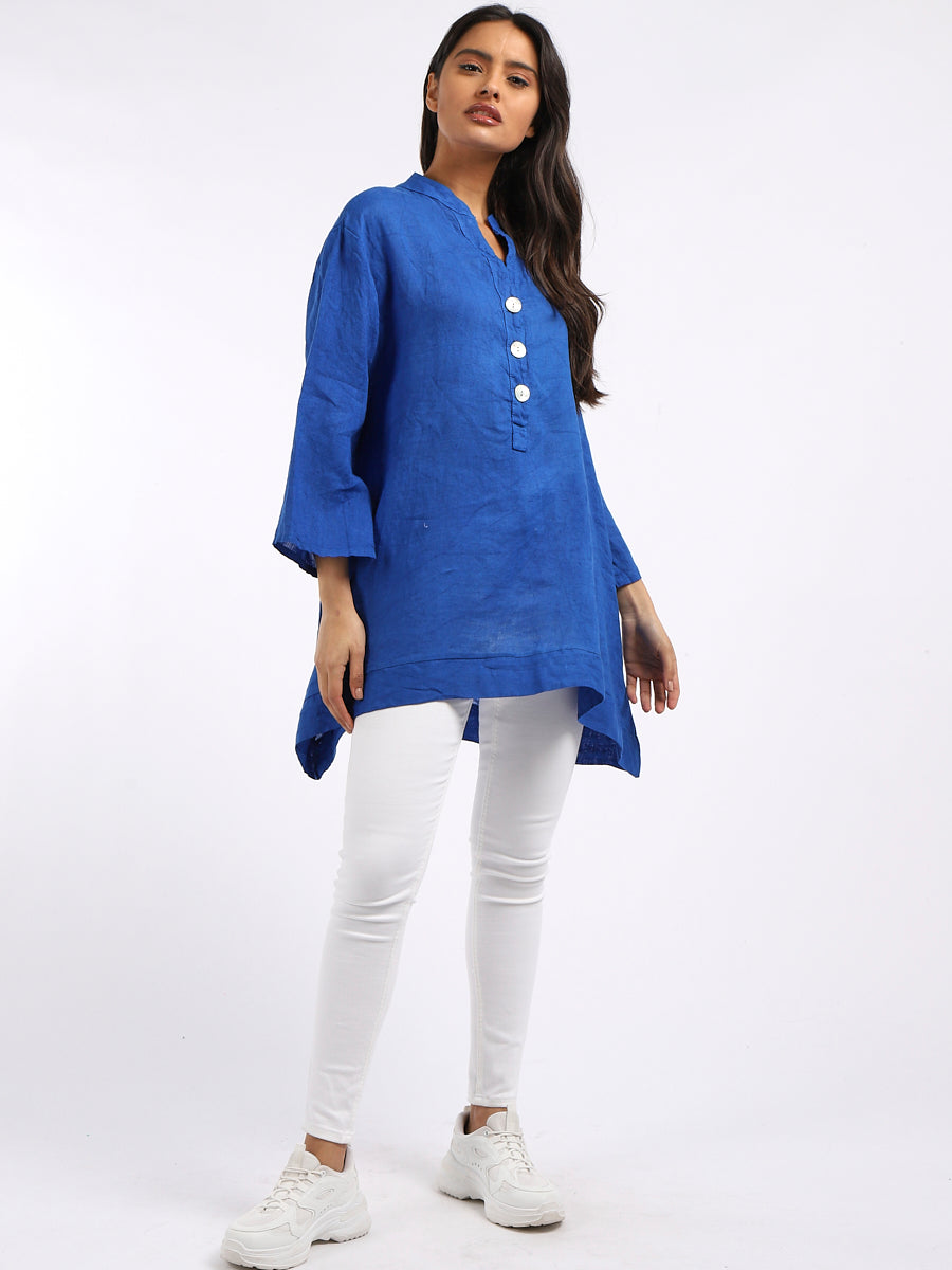 Plain Casual Button Neck Oversized Linen Top