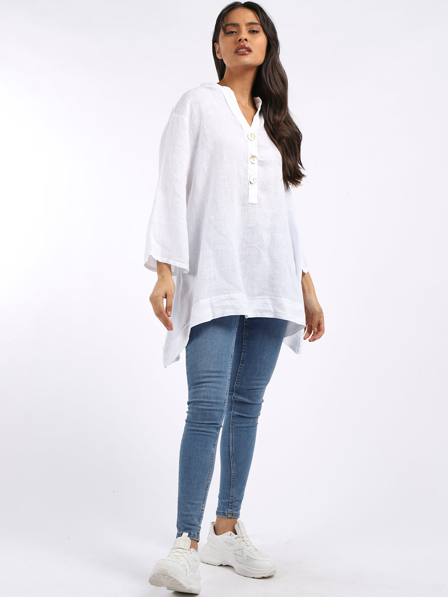 Plain Casual Button Neck Oversized Linen Top