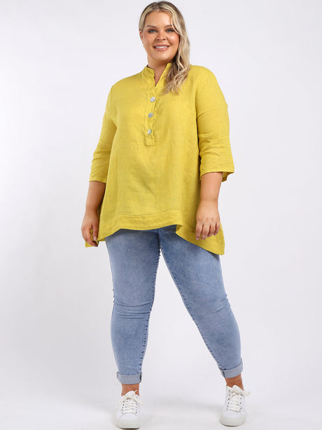 Plain Casual Button Neck Oversized Linen Top