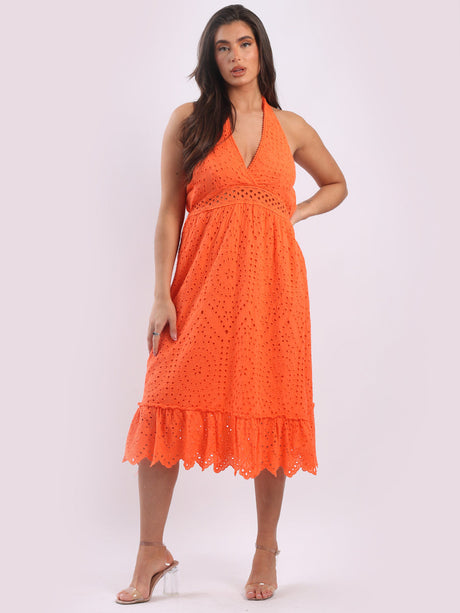 Ladies Sleeveless Midi Swing Cotton Broderie Dress