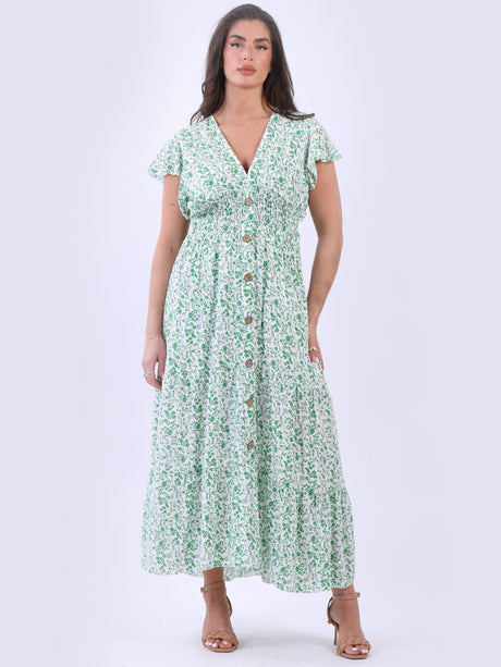 Women Button Down Floral Boho Maxi Dress