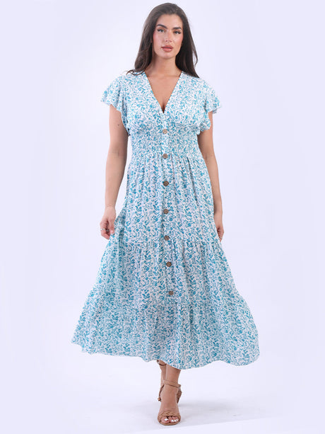 Women Button Down Floral Boho Maxi Dress