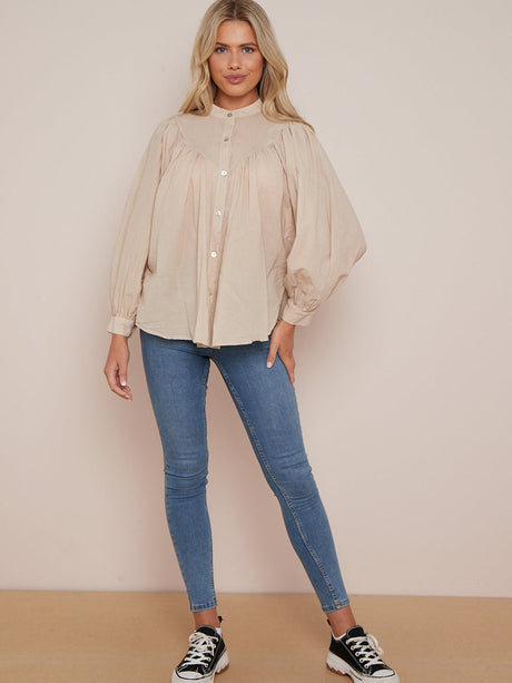 Solid Button Up Baggy Cotton Batwing Crop Blouse