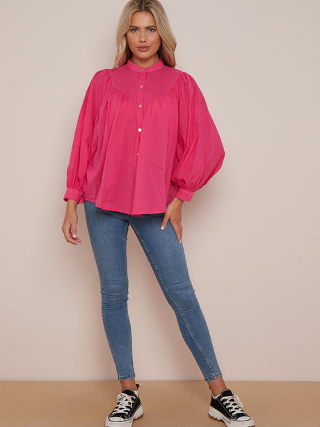 Solid Button Up Baggy Cotton Batwing Crop Blouse