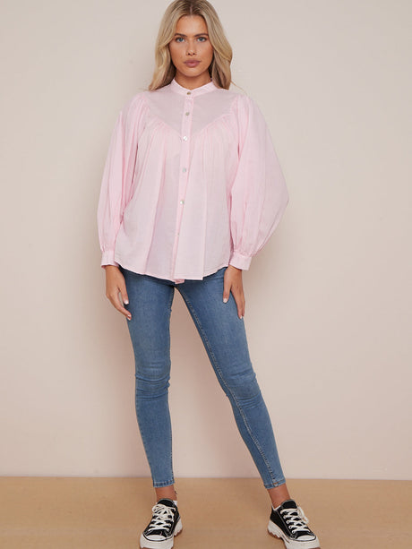 Solid Button Up Baggy Cotton Batwing Crop Blouse