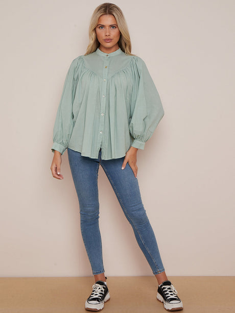 Solid Button Up Baggy Cotton Batwing Crop Blouse