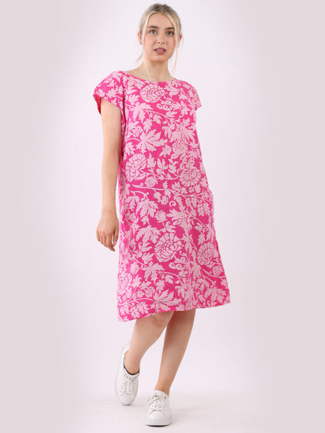 Cap Sleeves Floral Linen Dress