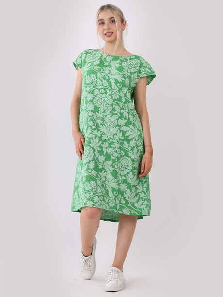 Cap Sleeves Floral Linen Dress