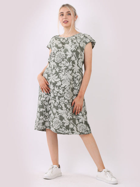 Cap Sleeves Floral Linen Dress