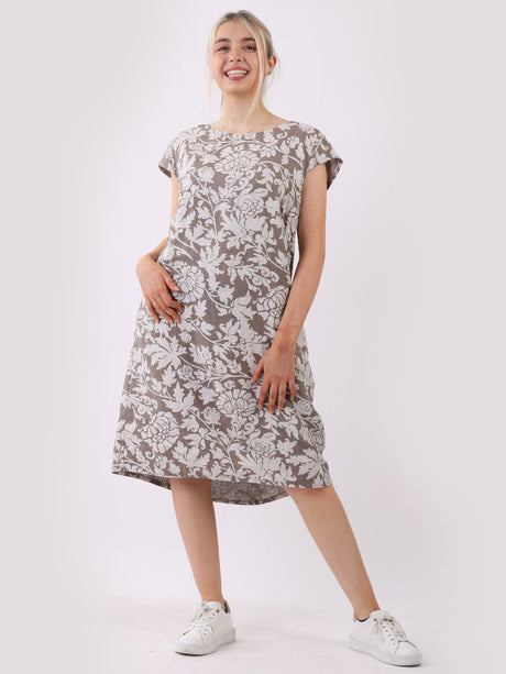 Cap Sleeves Floral Linen Dress