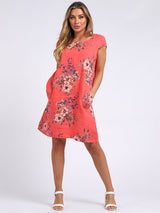 Cap Sleeves Floral Print Linen Dress