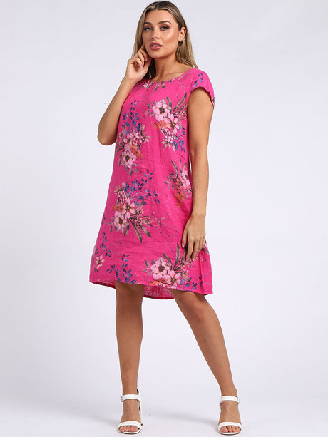 Cap Sleeves Floral Print Linen Dress