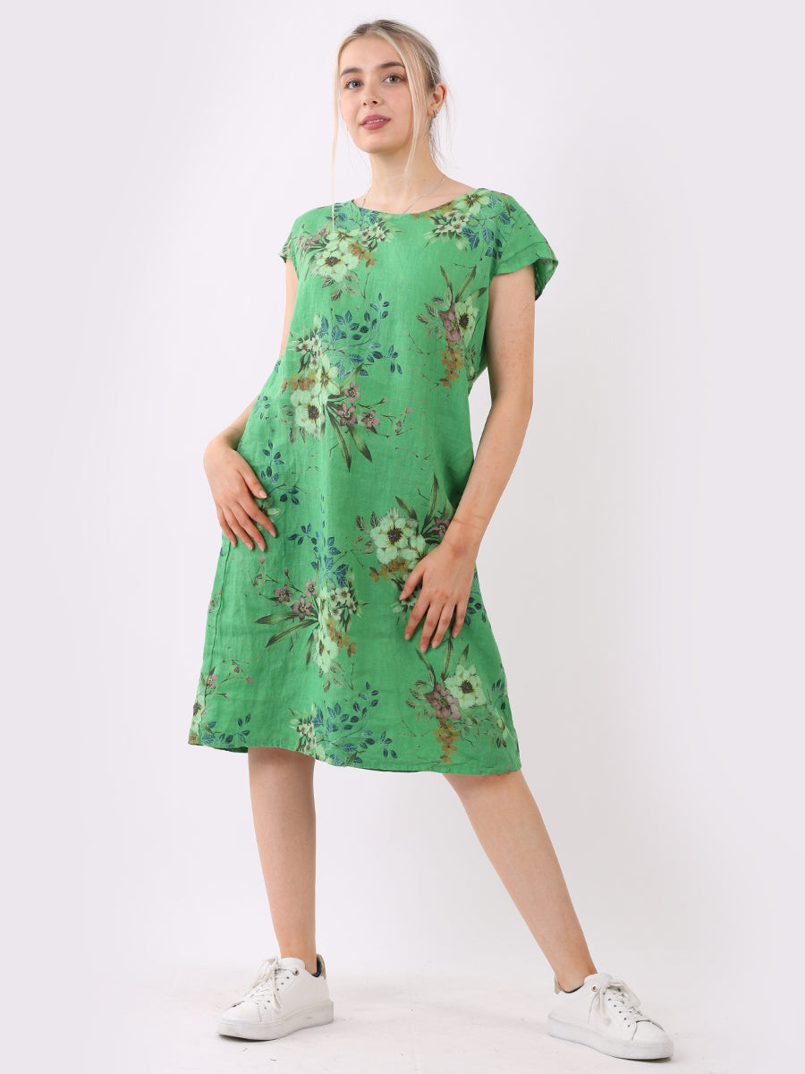 Cap Sleeves Floral Print Linen Dress Yayavoo UK