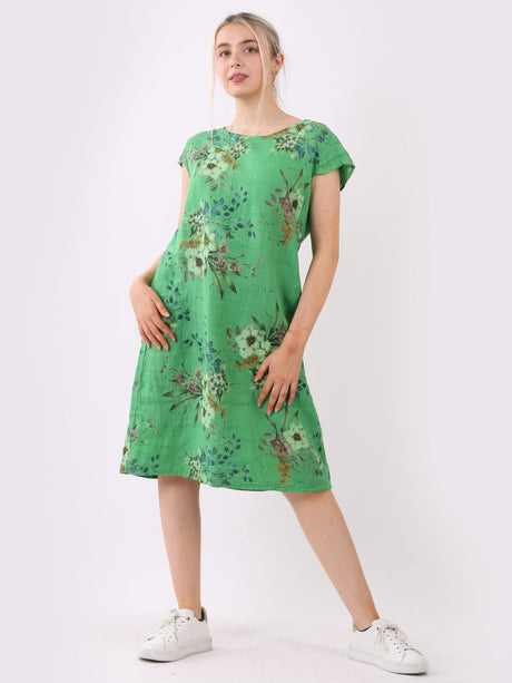 Cap Sleeves Floral Print Linen Dress