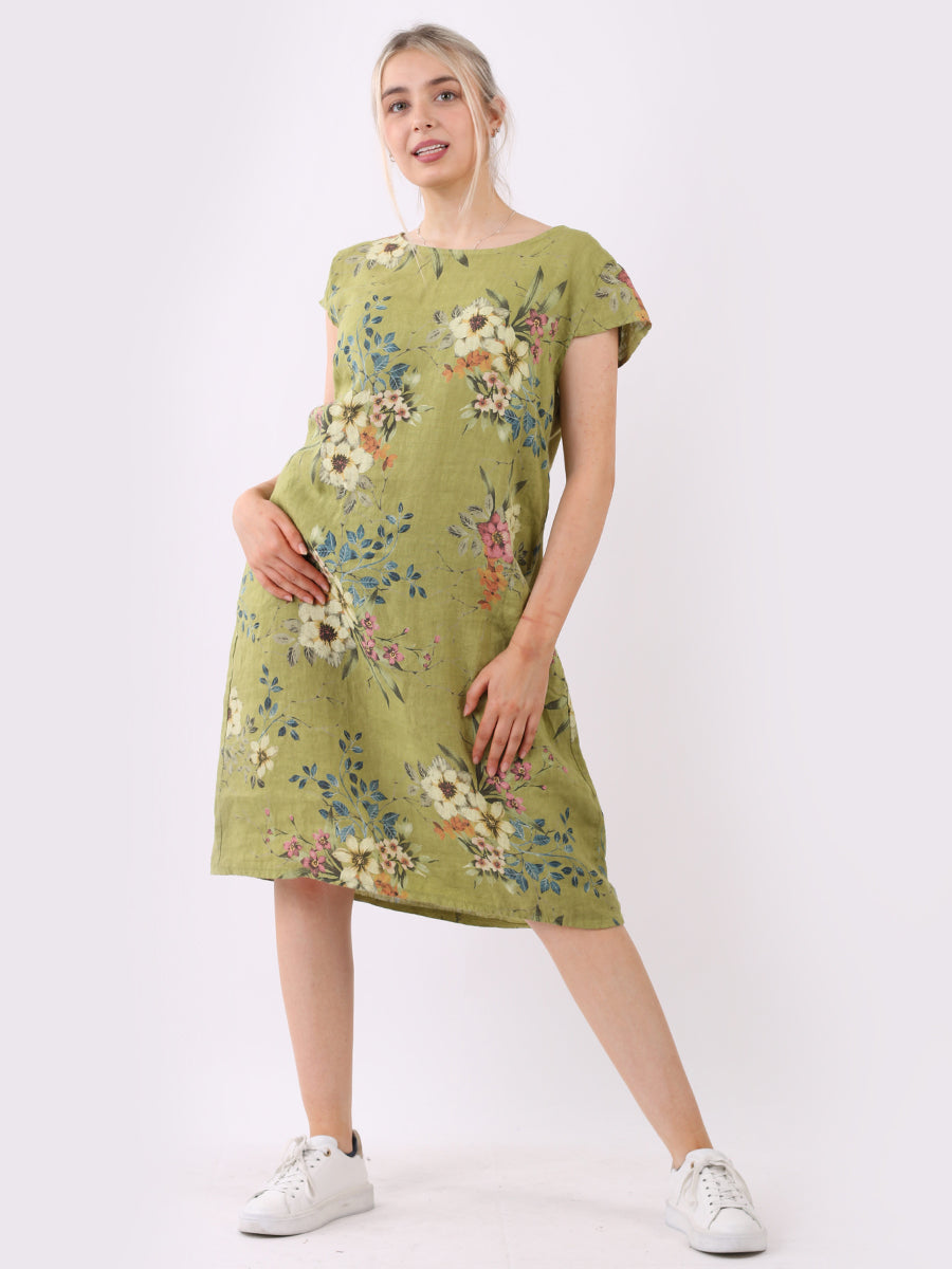 Cap Sleeves Floral Print Linen Dress