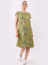 Cap Sleeves Floral Print Linen Dress