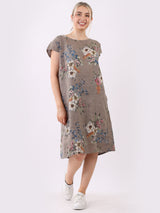 Cap Sleeves Floral Print Linen Dress