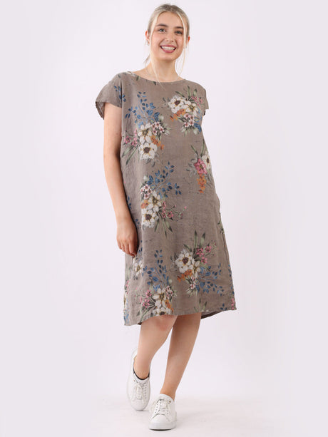 Cap Sleeves Floral Print Linen Dress