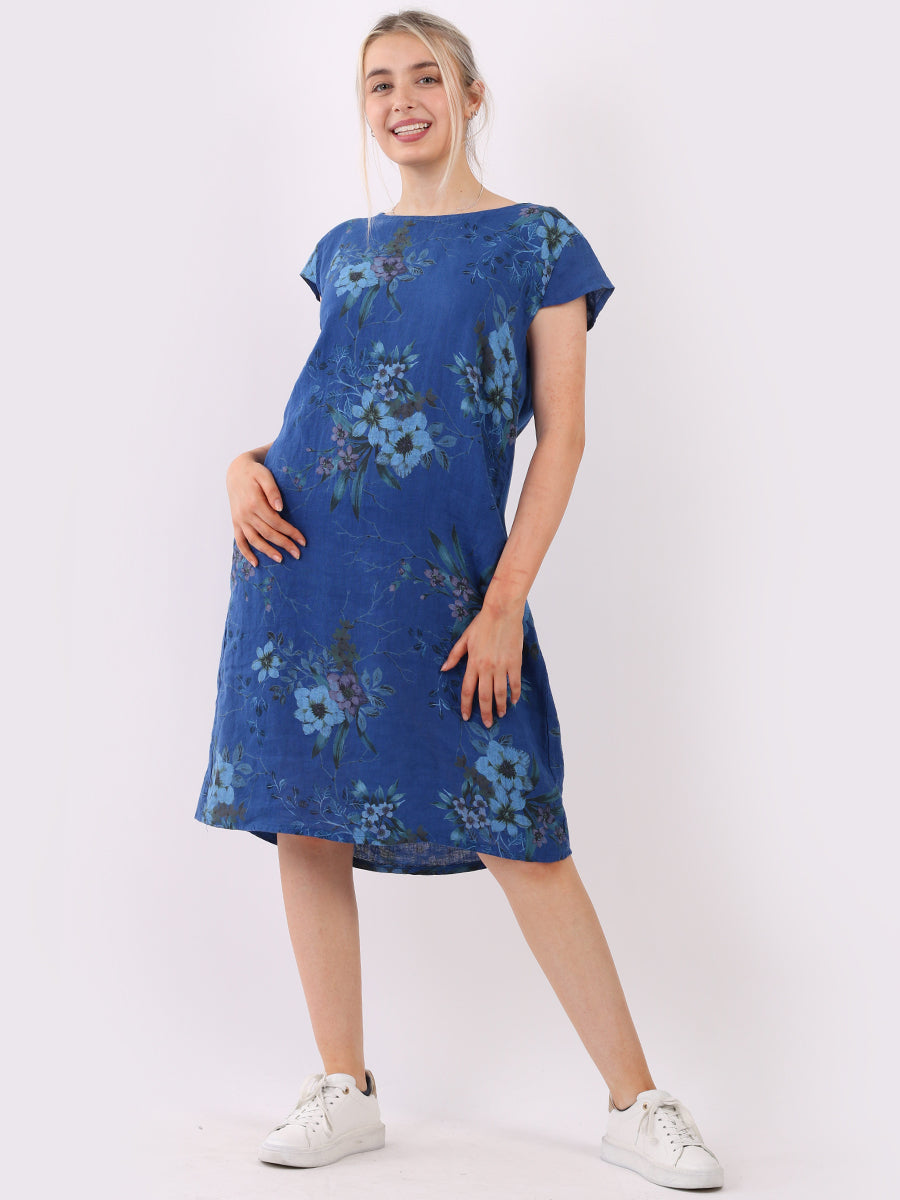 Cap Sleeves Floral Print Linen Dress