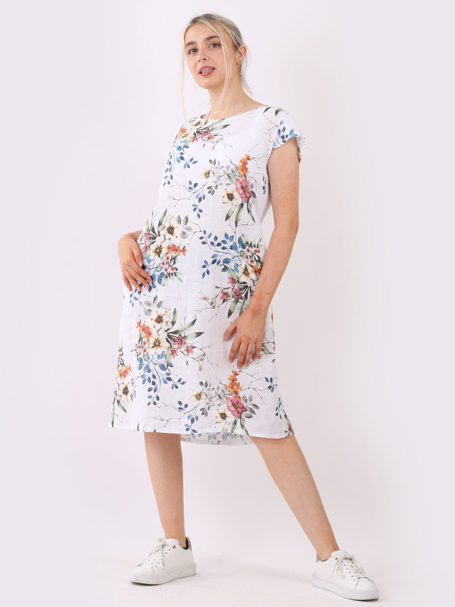 Cap Sleeves Floral Print Linen Dress