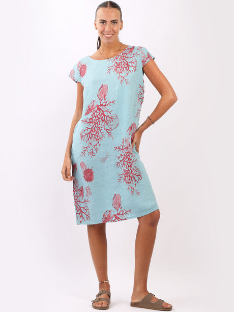 Ladies Linen Lagenlook Printed Midi Shift Dress