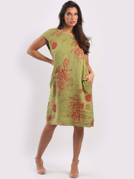 Ladies Linen Lagenlook Printed Midi Shift Dress