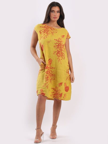 Ladies Linen Lagenlook Printed Midi Shift Dress