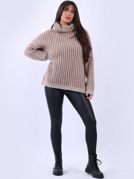 Cowl Neck Knitted Wool Striped Jumper