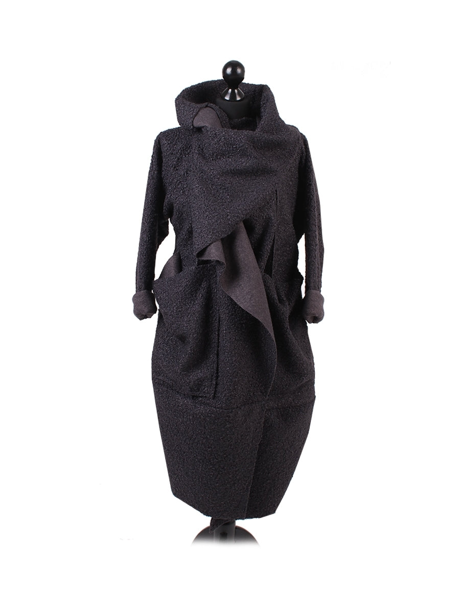Cowl Neck Woolen Oversized Coat Charcoal