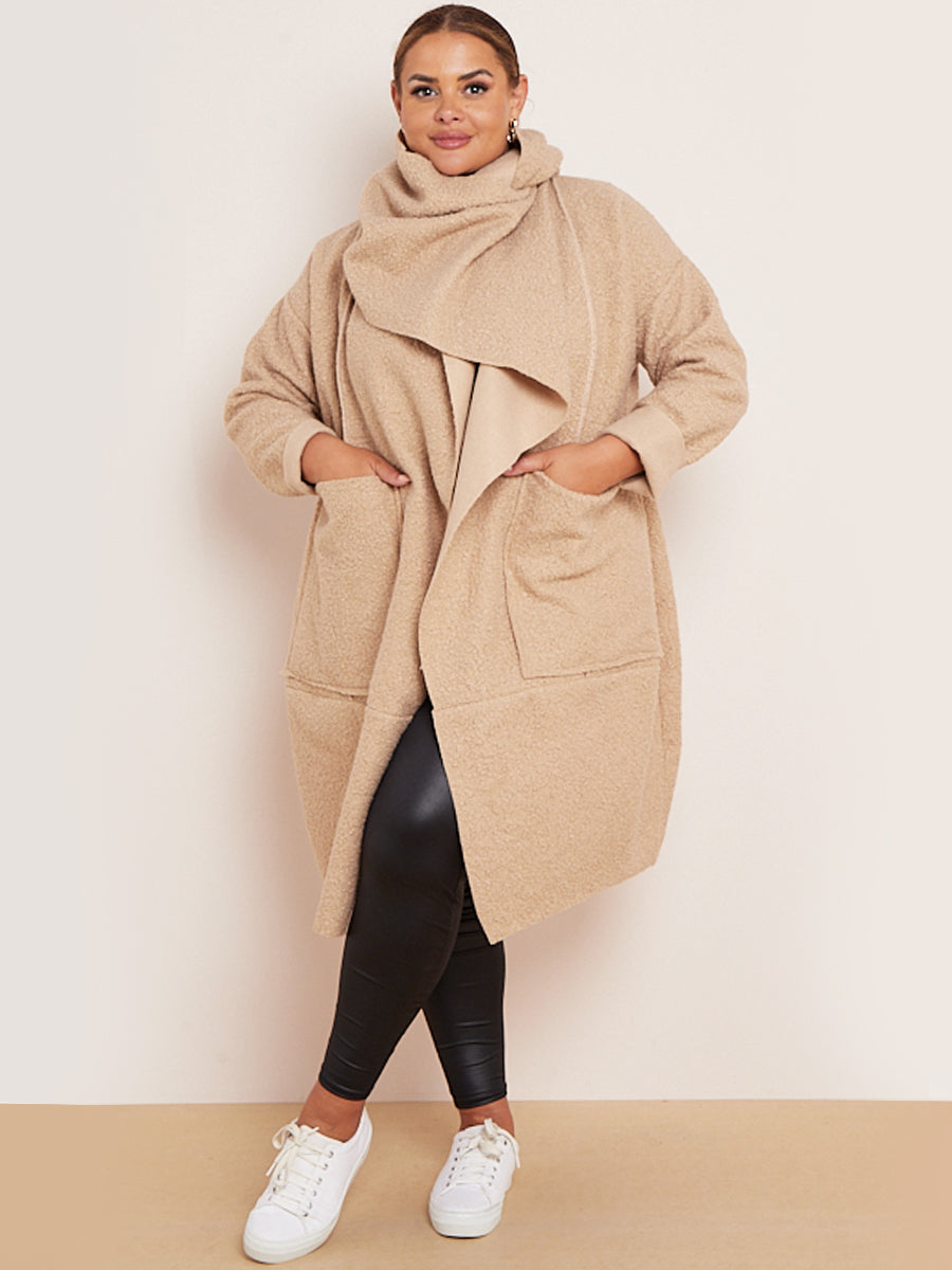 Cowl Neck Woolen Oversized Coat Beige