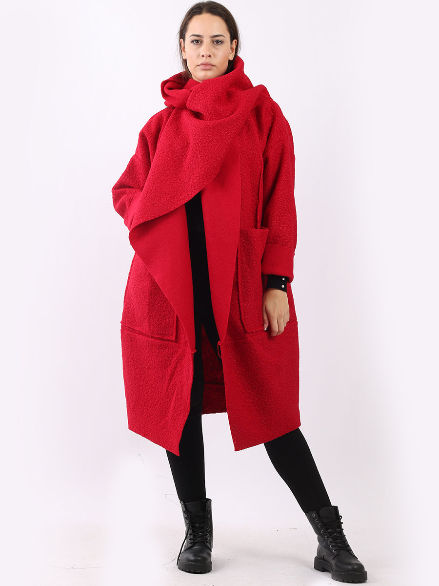 Cowl Neck Woolen Oversized Coat Red