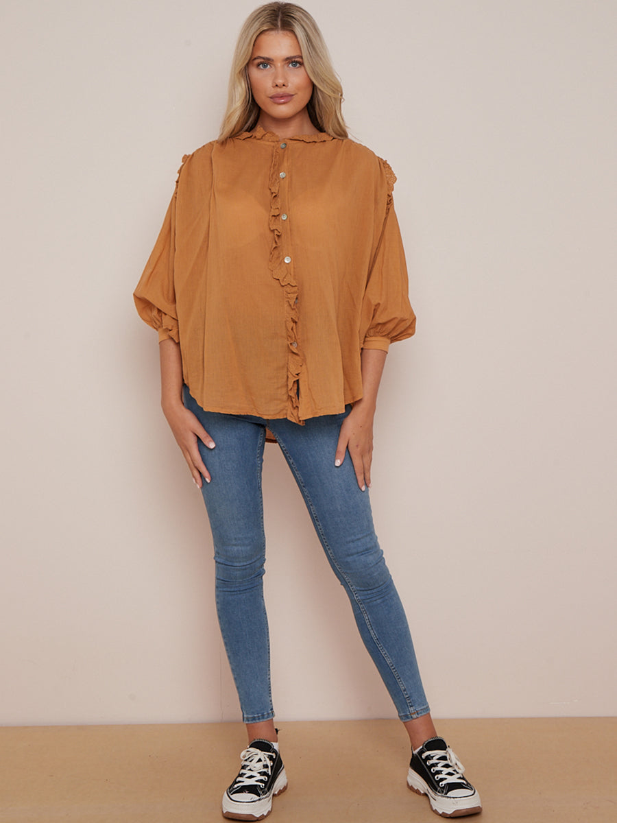 Cotton Boxy Blouse Camel